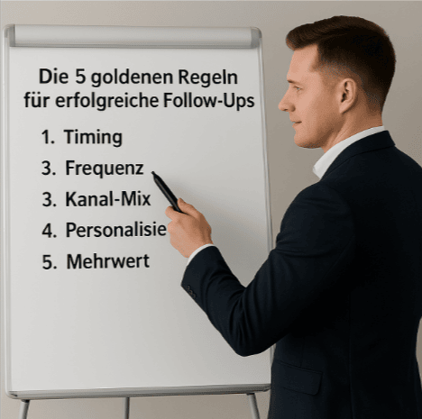 Follow-up im Vertrieb – Coach erklärt die 5 goldenen Regeln (Timing, Frequenz, KanalMix, Personalisierung, Mehrwert) am Flipchart.