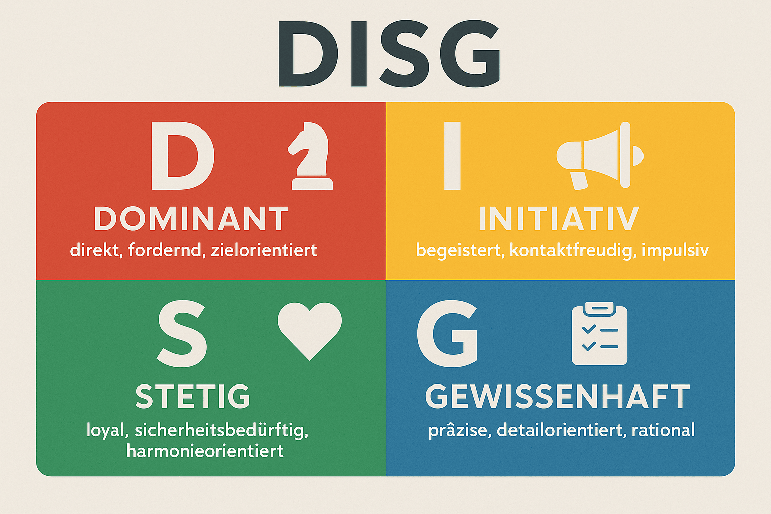 Kundentypen - Infografik zum DISG-Modell mit vier farblich abgesetzten Segmenten 