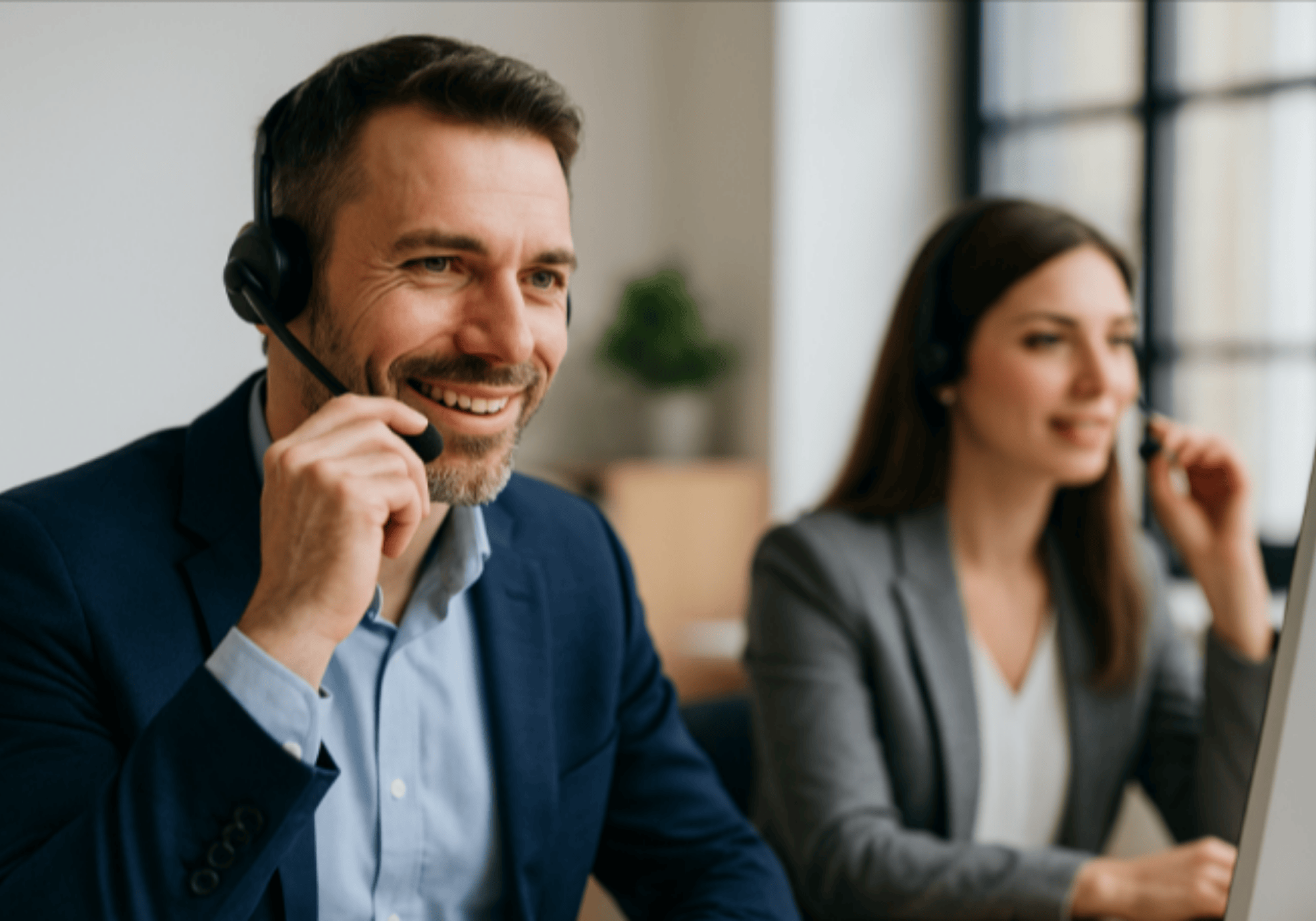 Telefontraining im Verkauf – Frau und Mann im professionellen Gespräch mit Fokus  auf Stimme, Wirkung & Coaching