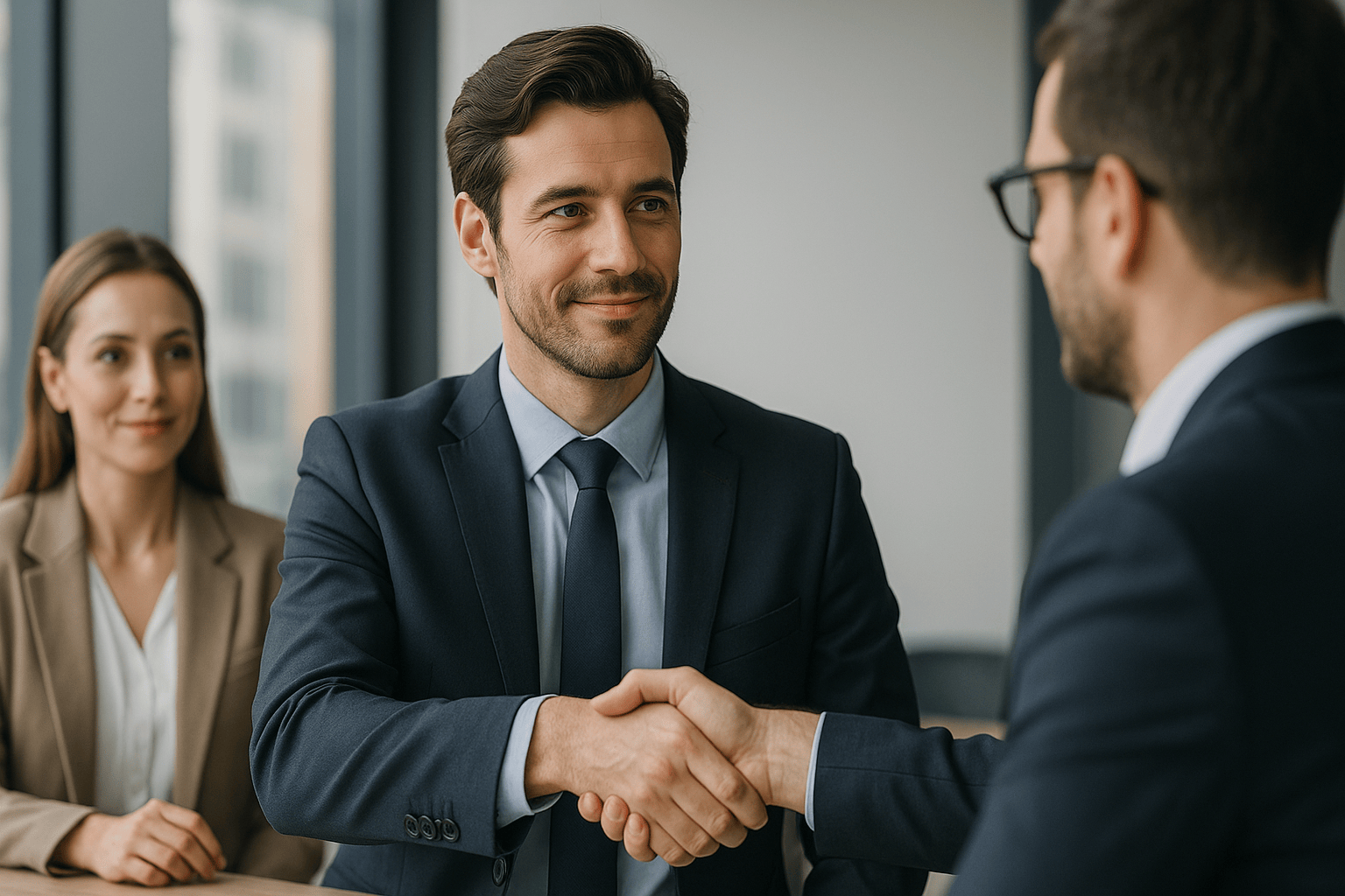 Menschen im Vertrieb bei einem professionellen Meeting, wobei der Fokus auf dem  charakterlichen Austausch lieg