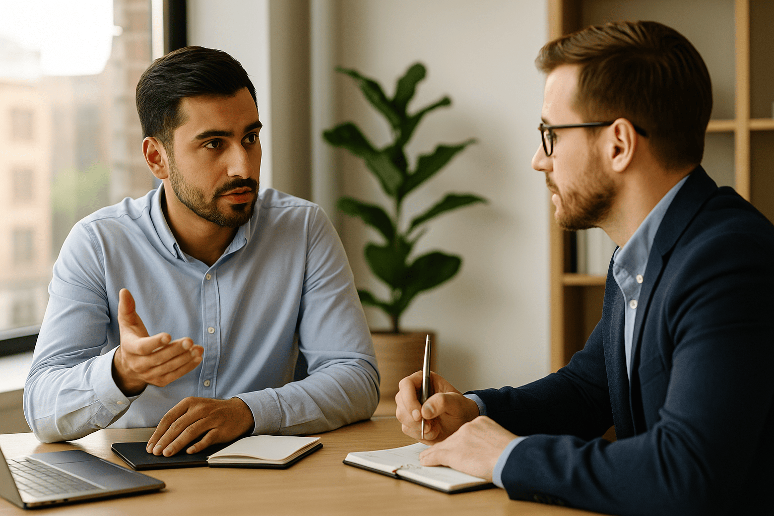  Zwei Geschäftsmänner in einem modernen Büro sitzen sich an einem Tisch  gegenüber und führen ein intensives Gespräch 