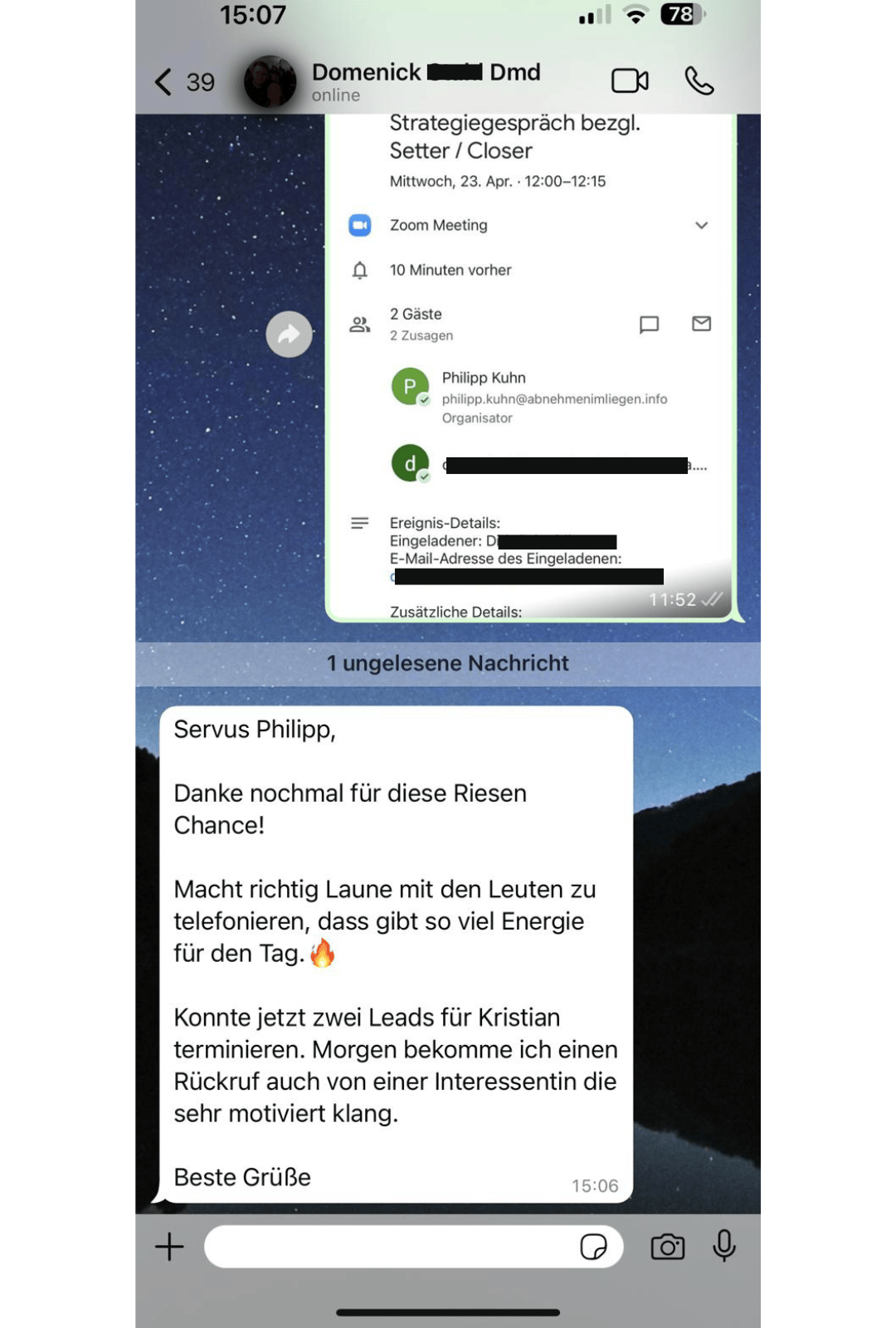 WhatsApp Erfolgsnachricht an Philipp Kuhn