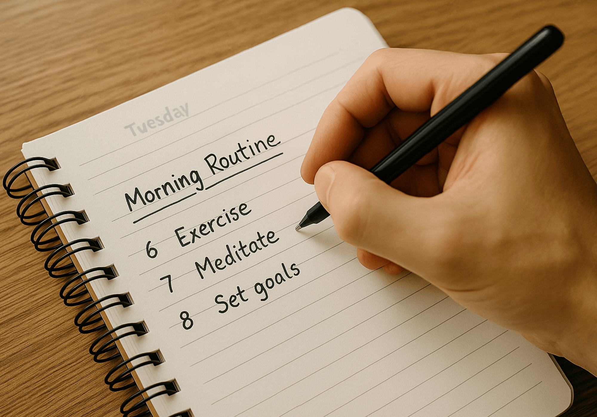  Verkäufer-Routine am Morgen – Notizbuch mit Tagesstruktur: 6 Uhr Sport, 7 Uhr  Meditation, 8 Uhr Ziele setzen (Tagesplan Vertrieb)