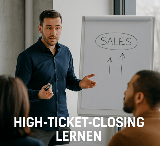 High-Ticket-Closing lernen – Trainer erklärt Coaching Ausbildung im Vertrieb an  Flipchart mit Sales-Strategien