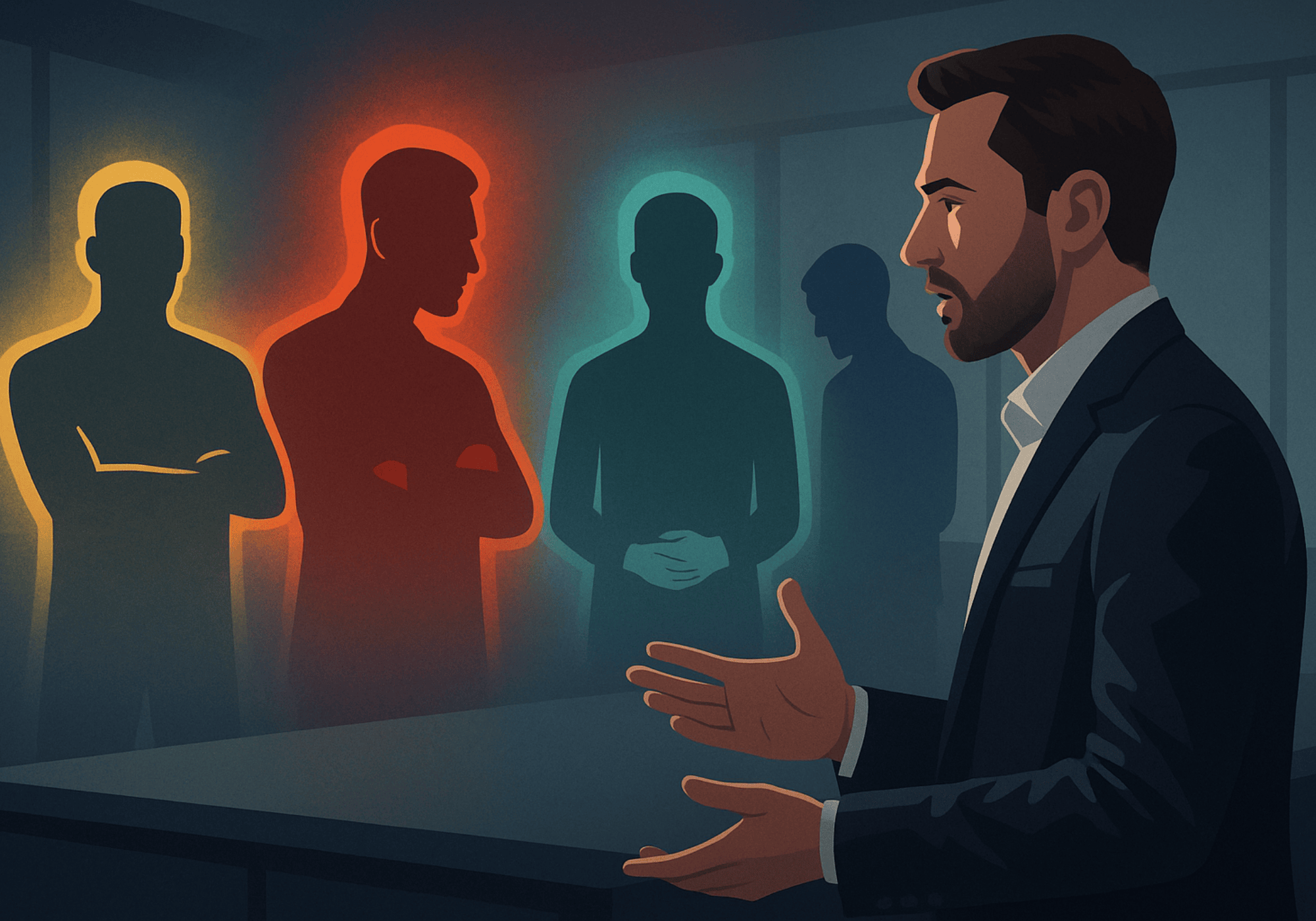 Illustration eines Verkäufers, der vier stilisierten Kundentypen gegenübersteht –  dargestellt als abstrakte Silhouetten mit farbigen Aure. 