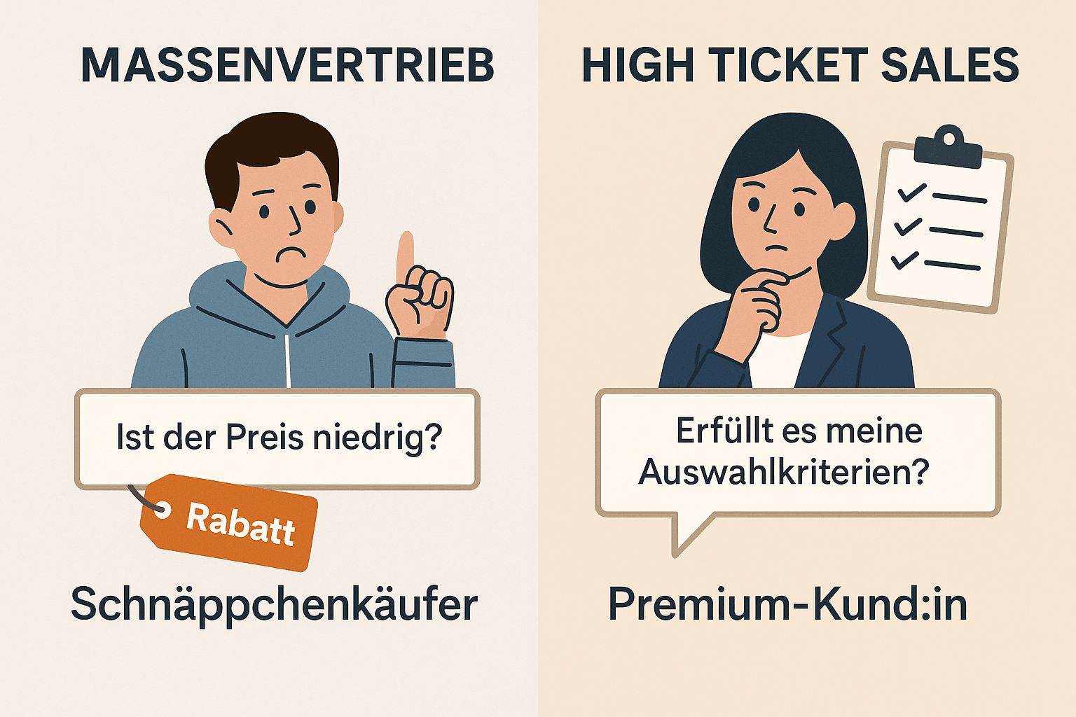 Vergleich Massenvertrieb vs. High Ticket Sales – Schnäppchenkäufer achten auf Preis,  Premium-Kunden auf Auswahlkriterien und Vertrauen.