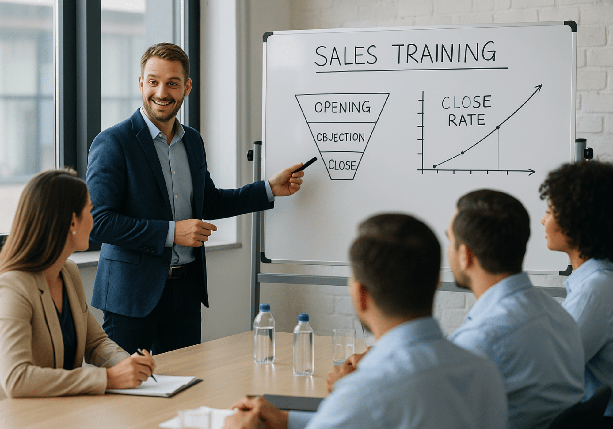 Vertriebstrainer erklärt einem Team anhand eines Whiteboards mit Verkaufstrichter  und Abschlussquote die zentralen Phasen erfolgreicher Verkaufsprozesse 