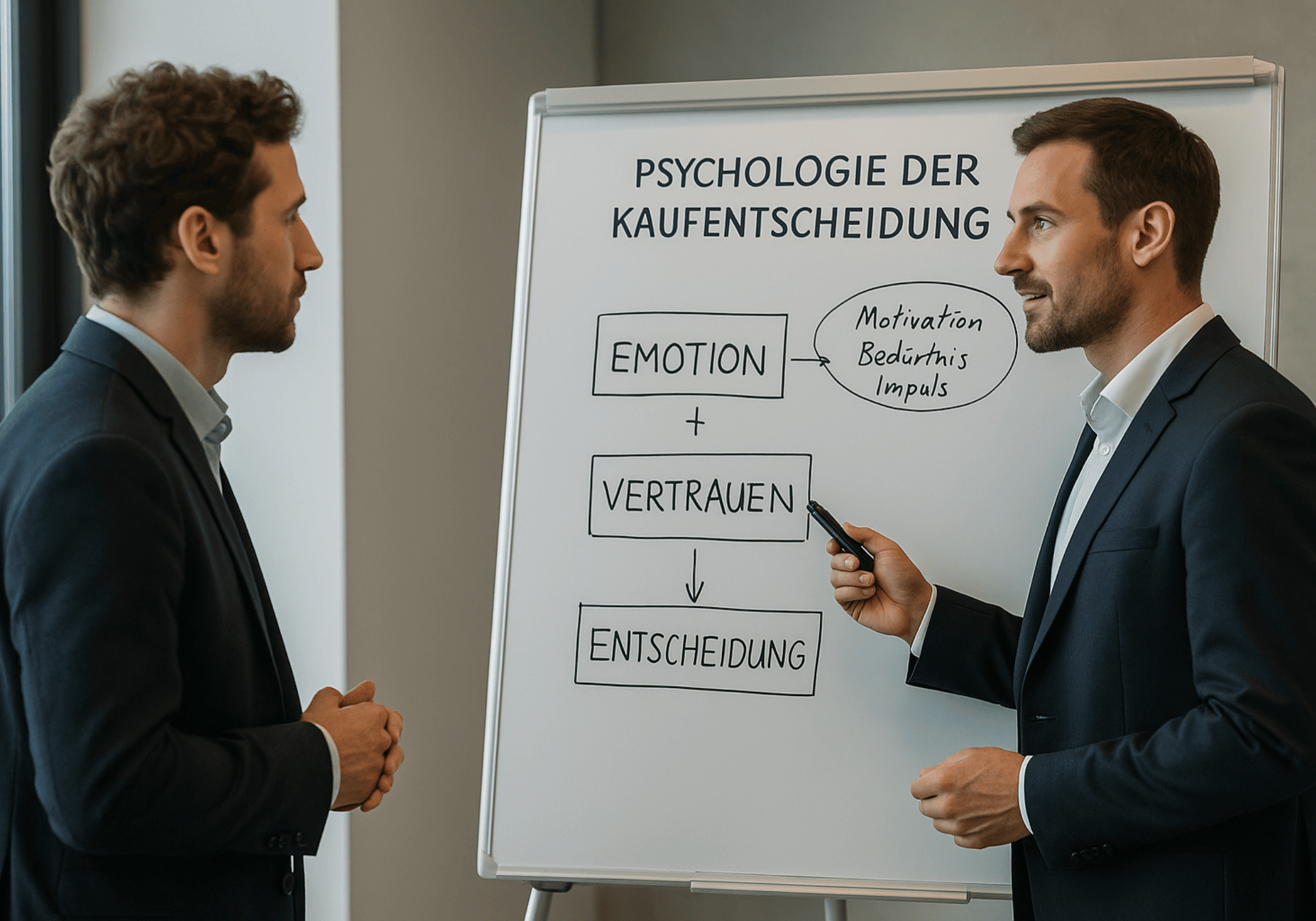 Zwei Vertriebsexperten analysieren ein Entscheidungsmodell zur  Verkaufspsychologie an einem Whiteboard 